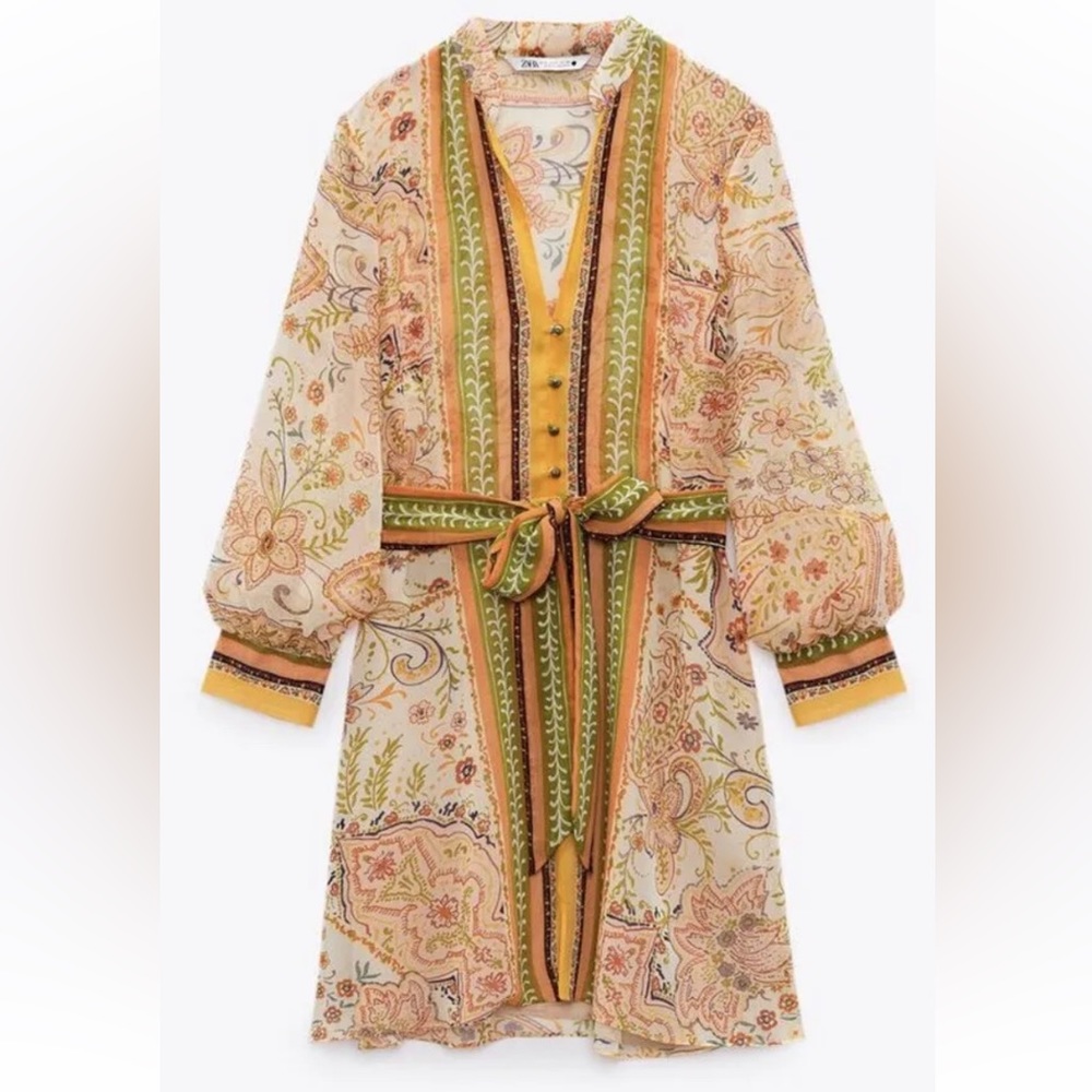 ZARA Printed Boho Tied Floral Mini Summer Dress XS